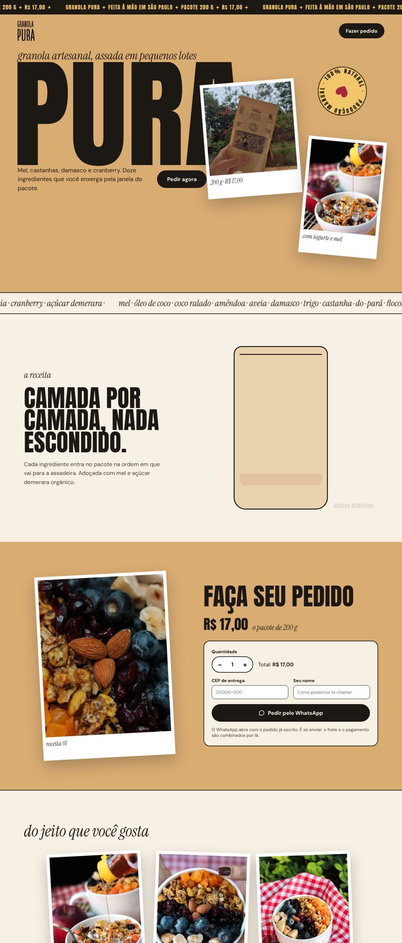 Site da Granola Pura com pedido pelo WhatsApp