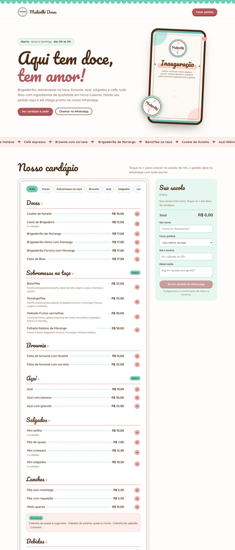 Site da Makiolki Doces com cardápio e sacola de pedidos